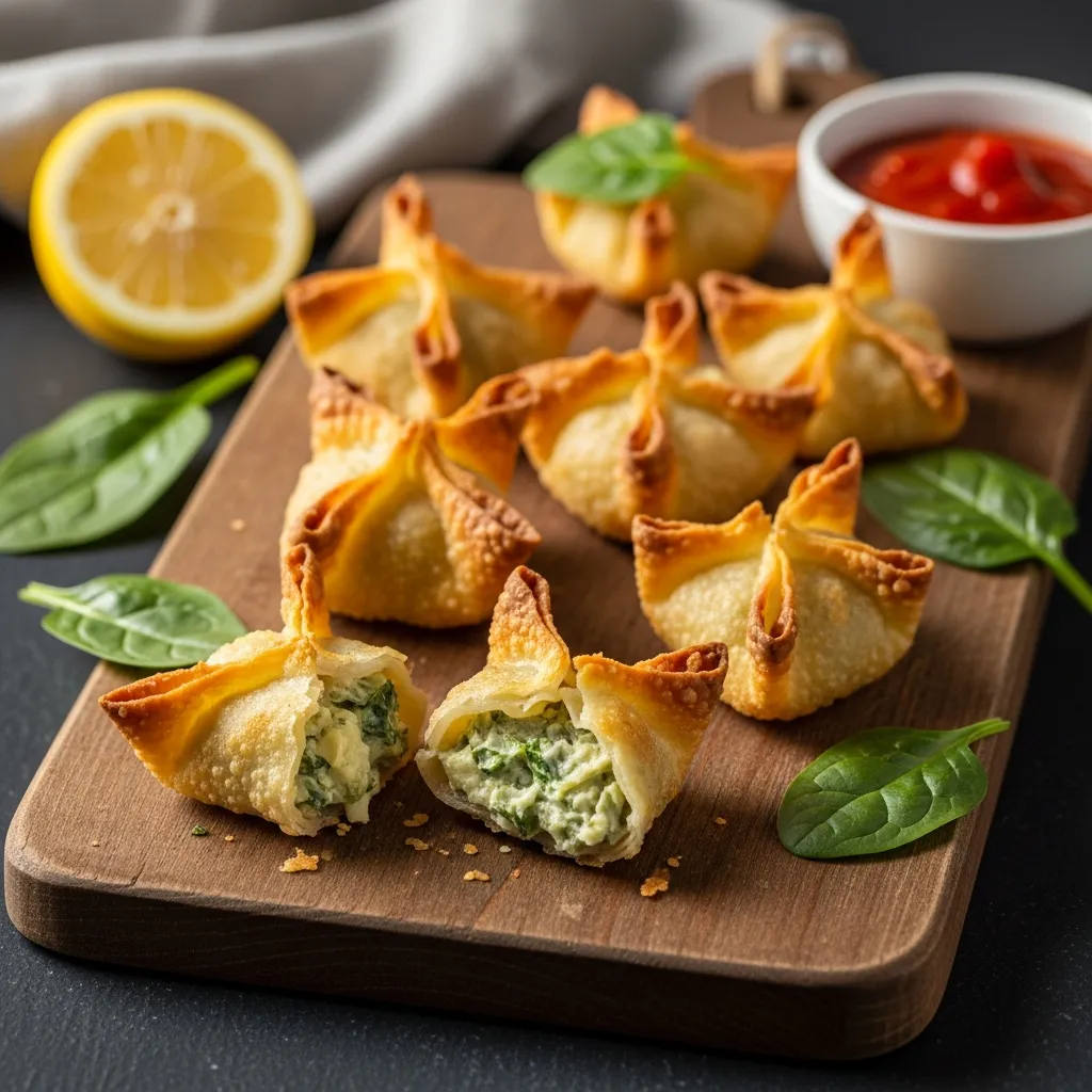 Golden brown spinach and artichoke wontons with creamy filling on rustic board