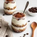 Creamy tiramisu overnight oats in a jar with coffee and cocoa