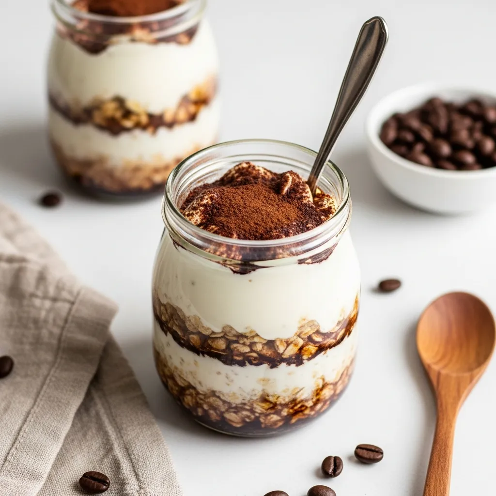 Creamy tiramisu overnight oats in a jar with coffee and cocoa