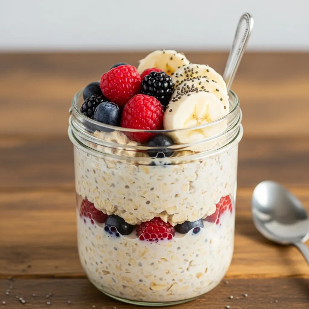 Creamy vanilla overnight oats with fresh berries and banana breakfast.