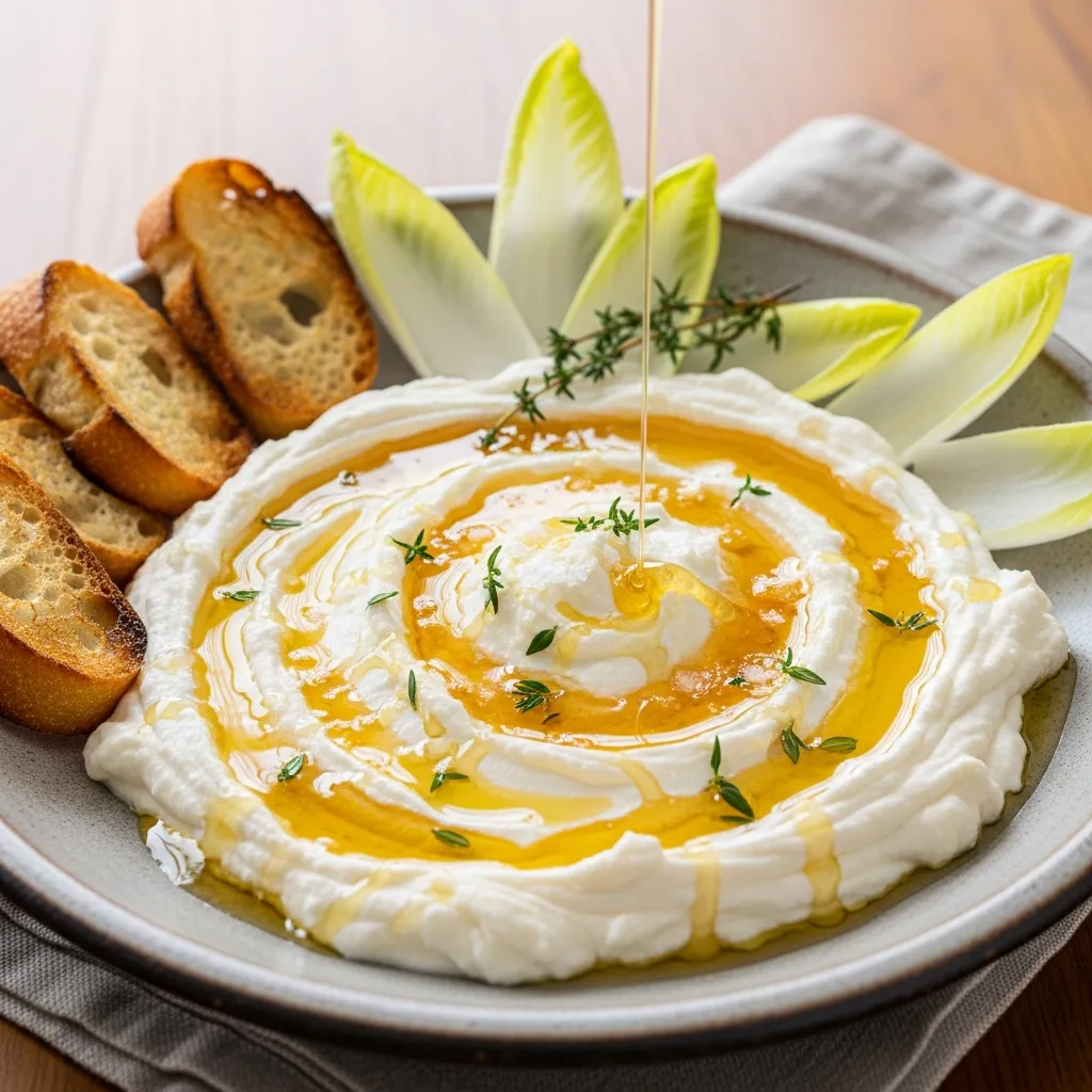 Creamy whipped ricotta dip with hot honey and toasted baguette crostini.