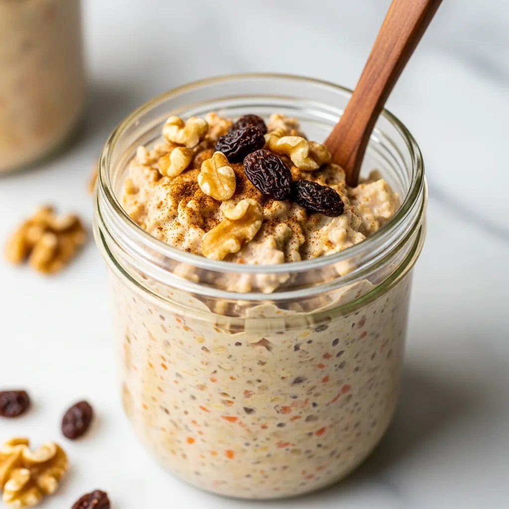 Creamy carrot cake protein overnight oats in a glass jar with walnuts.