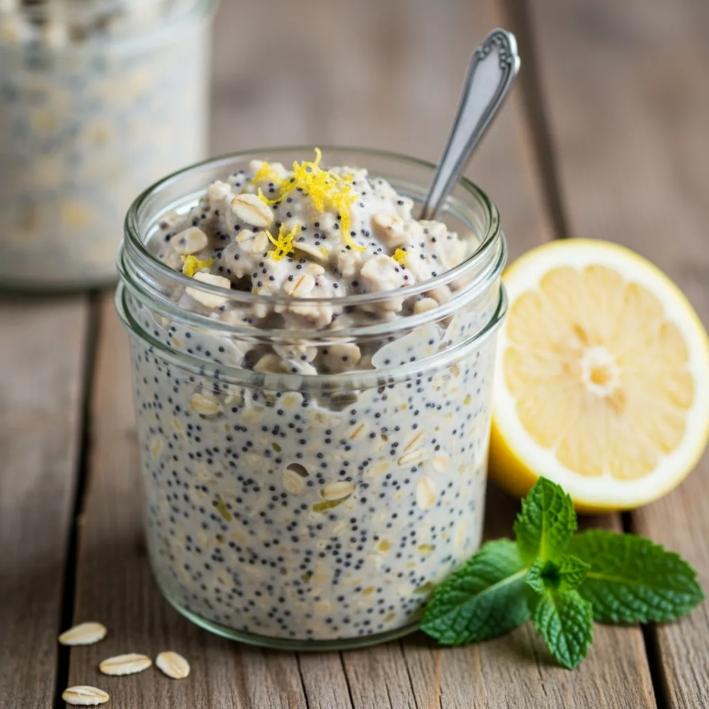 Creamy Greek yogurt lemon poppy seed oats in a rustic glass jar
