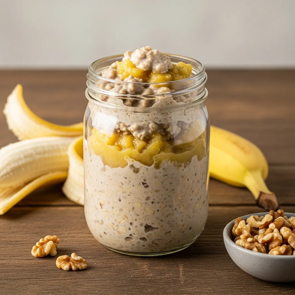 Healthy banana bread overnight oats in a jar with walnuts and banana