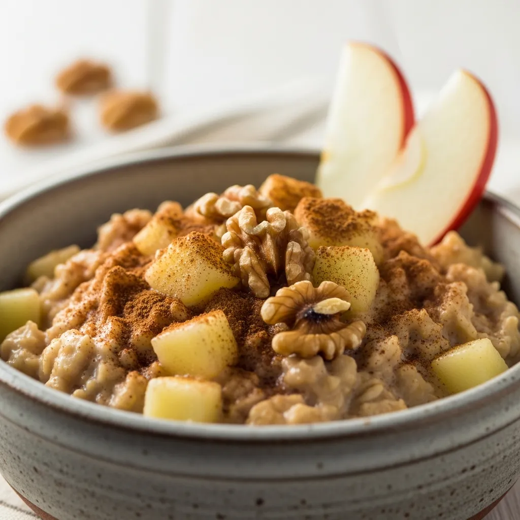 Creamy high fiber apple cinnamon oatmeal with walnuts in a rustic bowl.