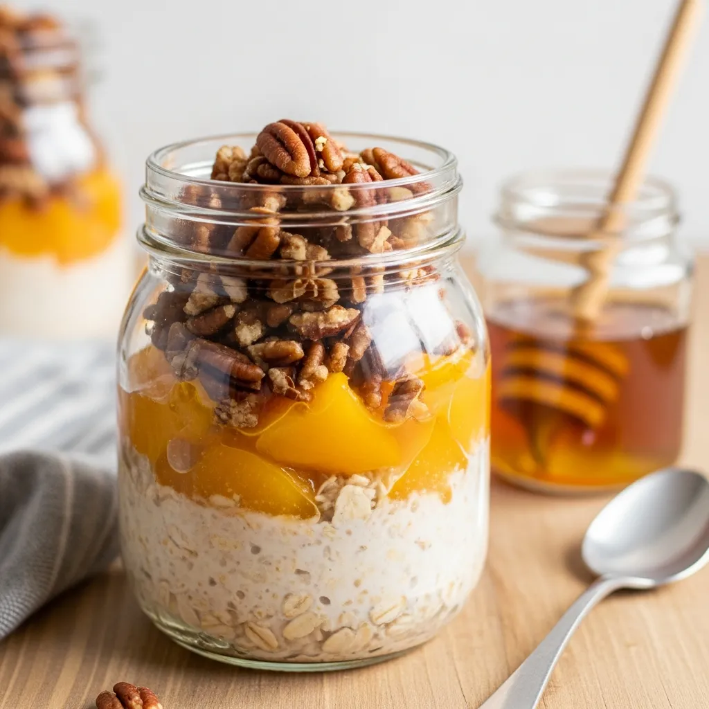 Creamy peach cobbler protein oats in a rustic glass breakfast jar.