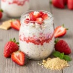 Strawberry shortcake overnight oats in a jar with fresh fruit topping.