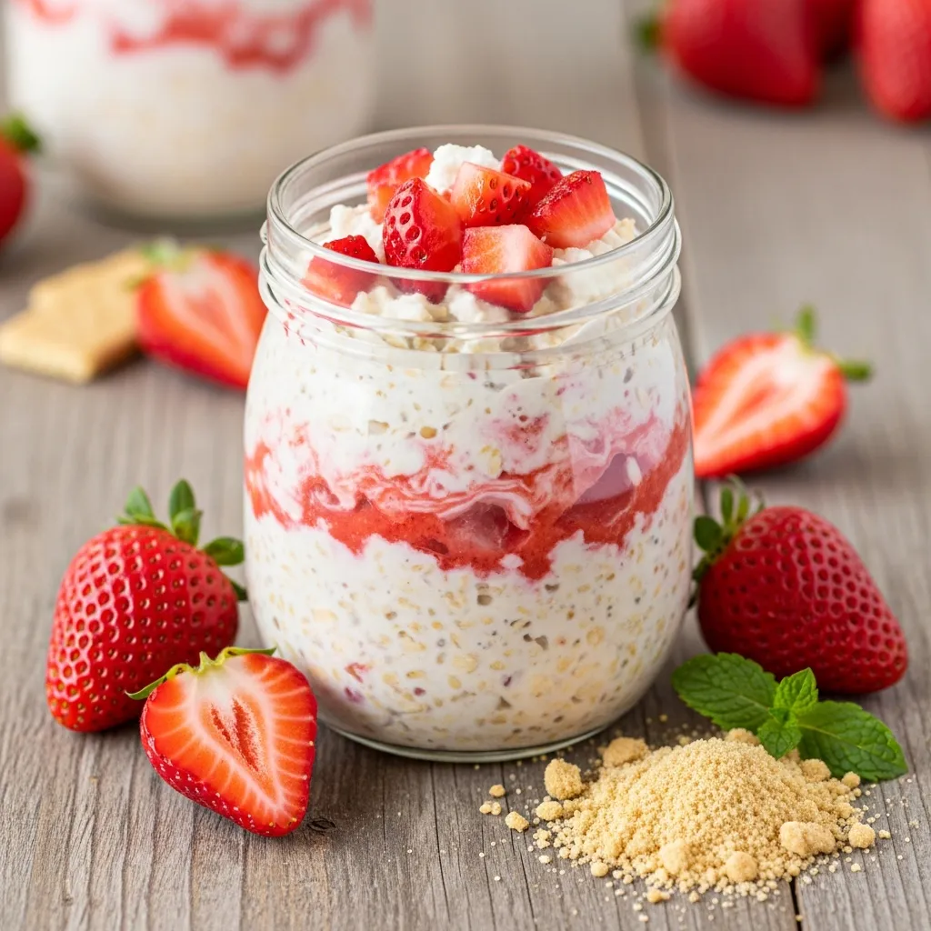 Strawberry shortcake overnight oats in a jar with fresh fruit topping.