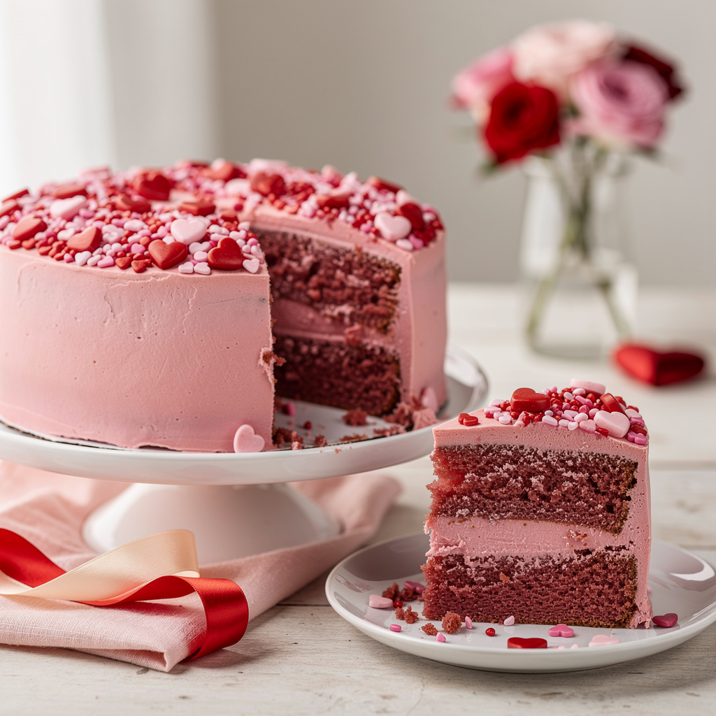 Valentine's Day layer cake with pink buttercream and heart sprinkles.