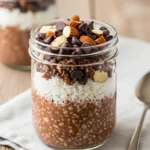 Creamy chocolate almond joy overnight oats in a glass jar with toppings.