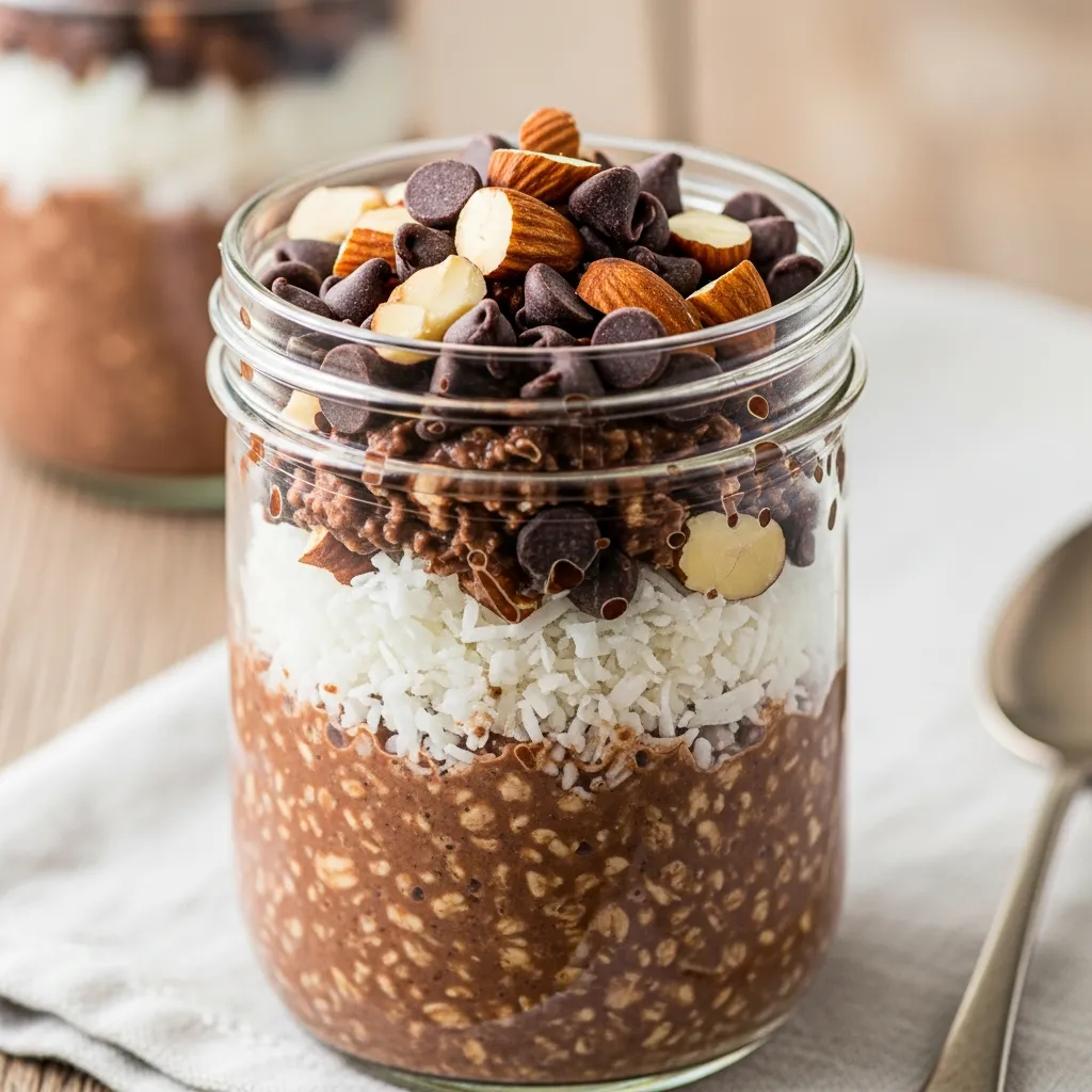 Creamy chocolate almond joy overnight oats in a glass jar with toppings.