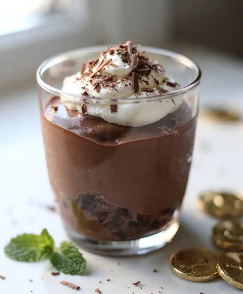 Creamy Baileys chocolate mousse dessert in a glass with mint garnish