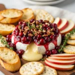 Warm baked brie cheese topped with cranberry sauce and toasted pecans appetizer.
