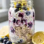 Blueberry lemon overnight oats in a clear jar on a rustic wooden table.