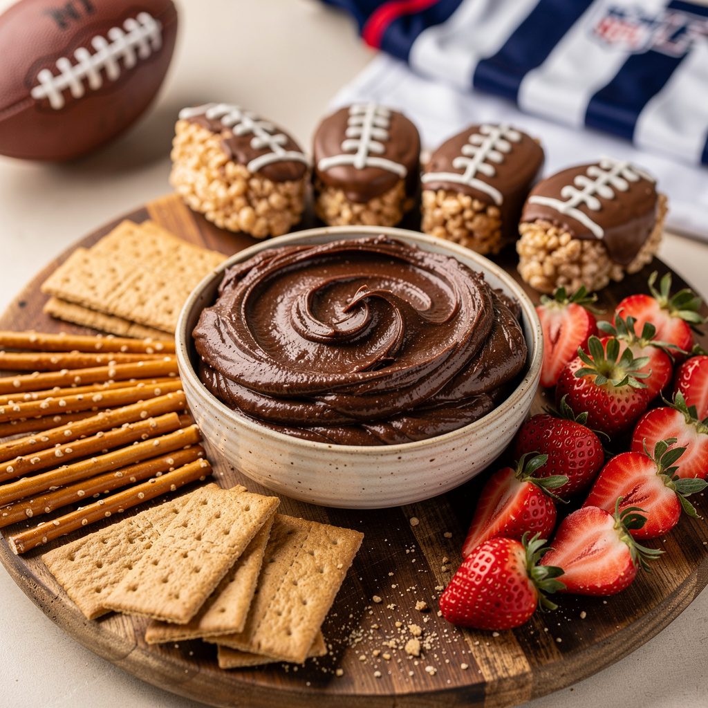 Easy Super Bowl desserts with brownie dip and football Rice Krispie treats.