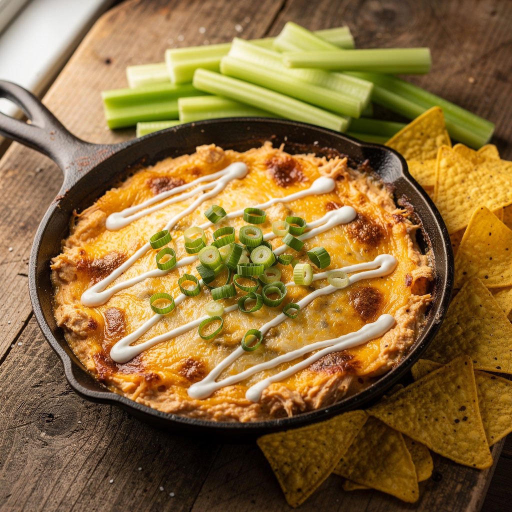 Creamy buffalo chicken dip recipe in a rustic cast iron skillet.
