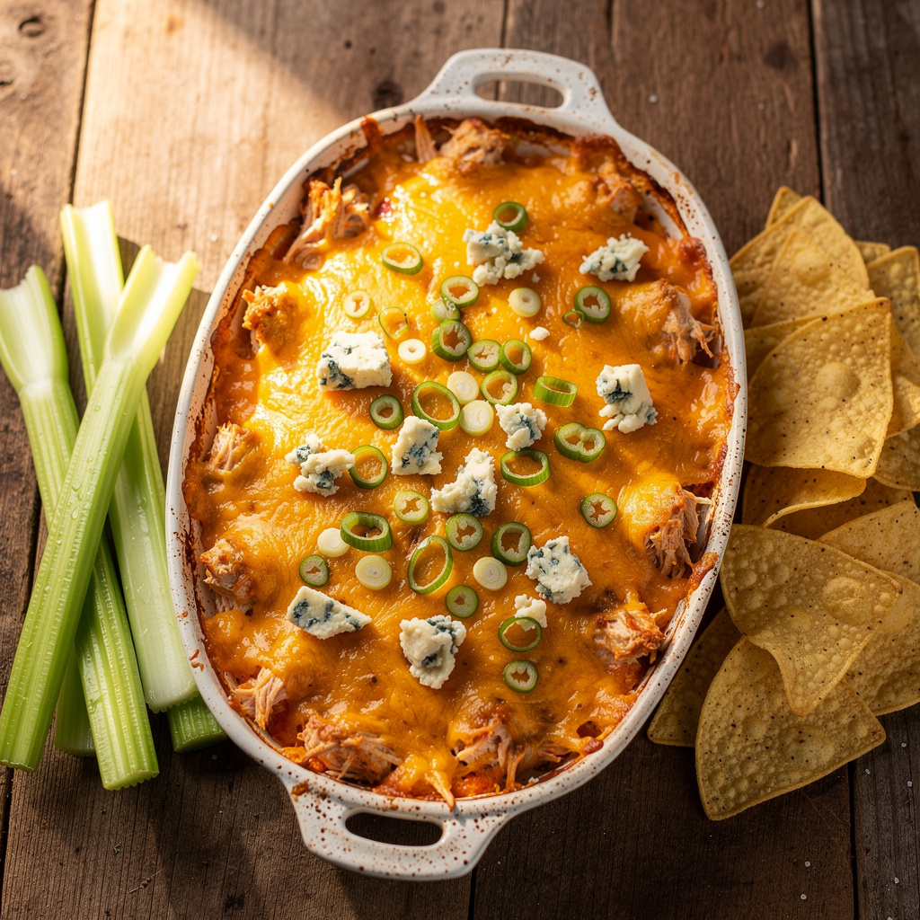Golden bubbly RedHot Buffalo Chicken Dip with blue cheese and celery.