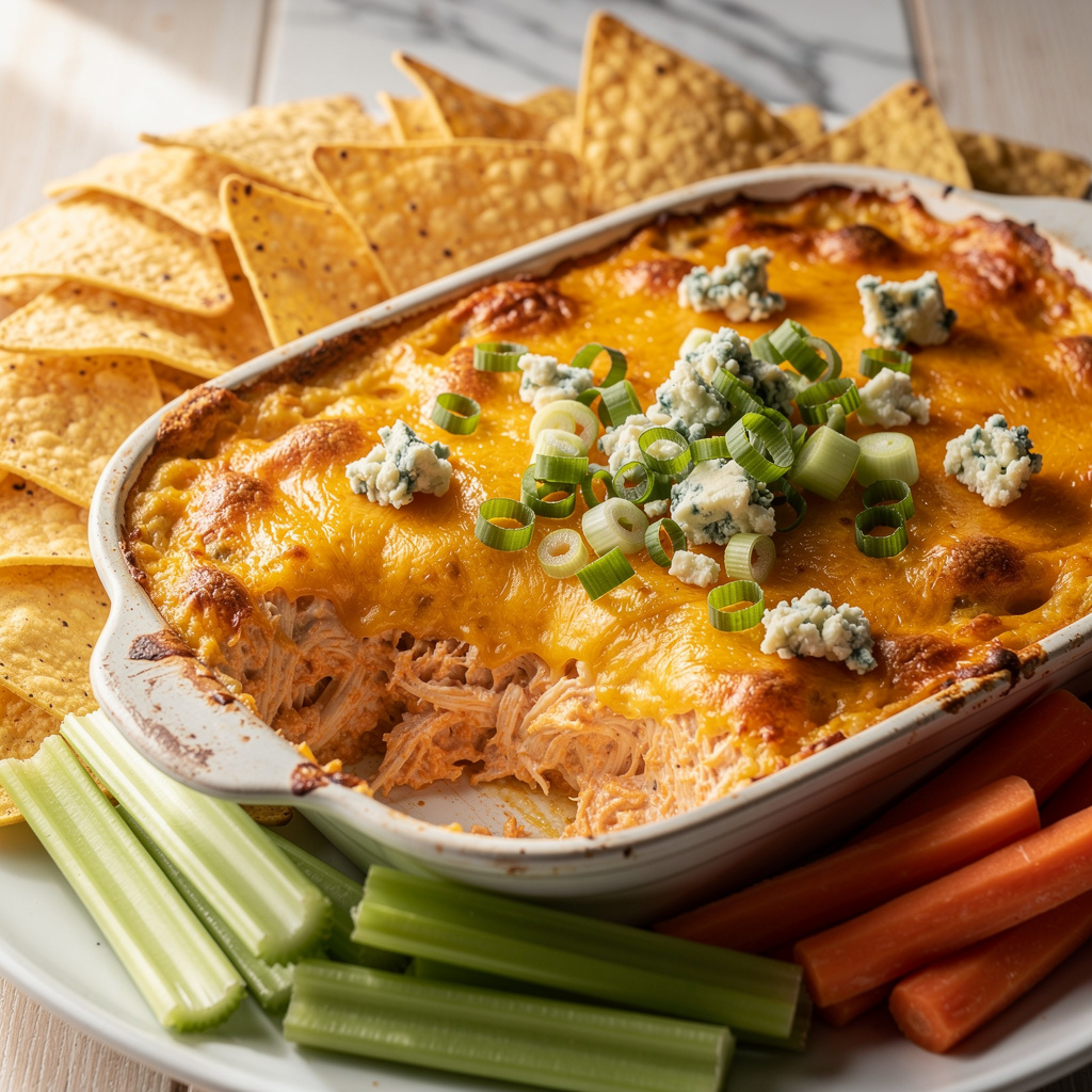 Creamy buffalo chicken dip with cheddar cheese and fresh green onion garnish.