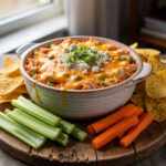 Creamy buffalo chicken dip in a crock with chips and celery sticks.