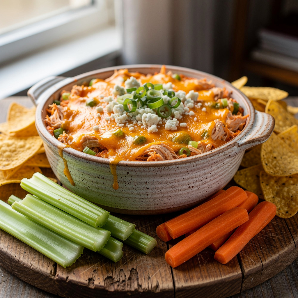 Creamy buffalo chicken dip in a crock with chips and celery sticks.