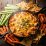Creamy oven-baked buffalo chicken dip with cheese in a cast iron skillet.