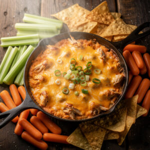 Creamy oven-baked buffalo chicken dip with cheese in a cast iron skillet.