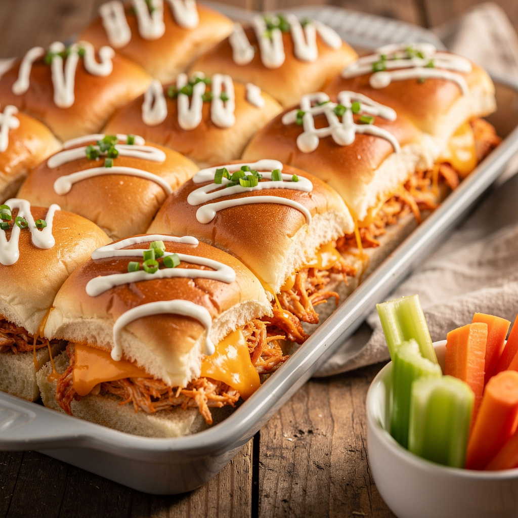 Buffalo chicken sliders with melted cheese and ranch on rustic wood.