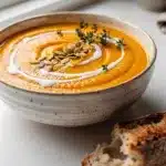 Creamy butternut squash soup garnished with seeds and thyme in a white bowl