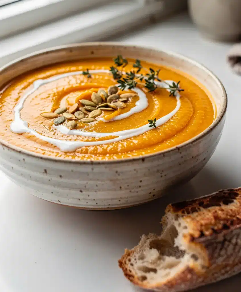 Creamy butternut squash soup garnished with seeds and thyme in a white bowl