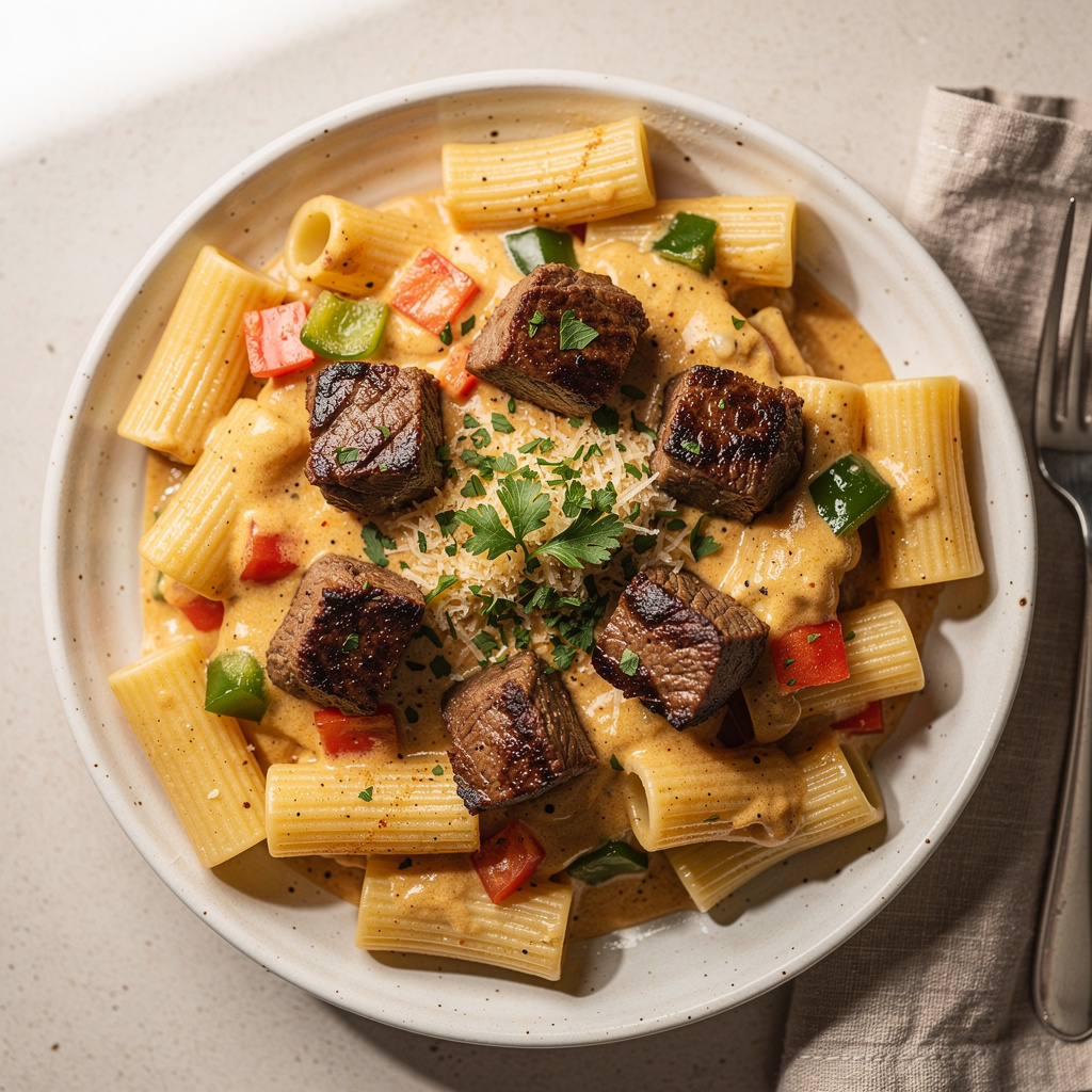 Ingredients for Cajun Steak Tips in Cheesy Rigatoni Parmesan Sauce