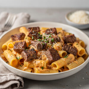 Cajun steak tips with cheesy rigatoni in a creamy parmesan sauce.