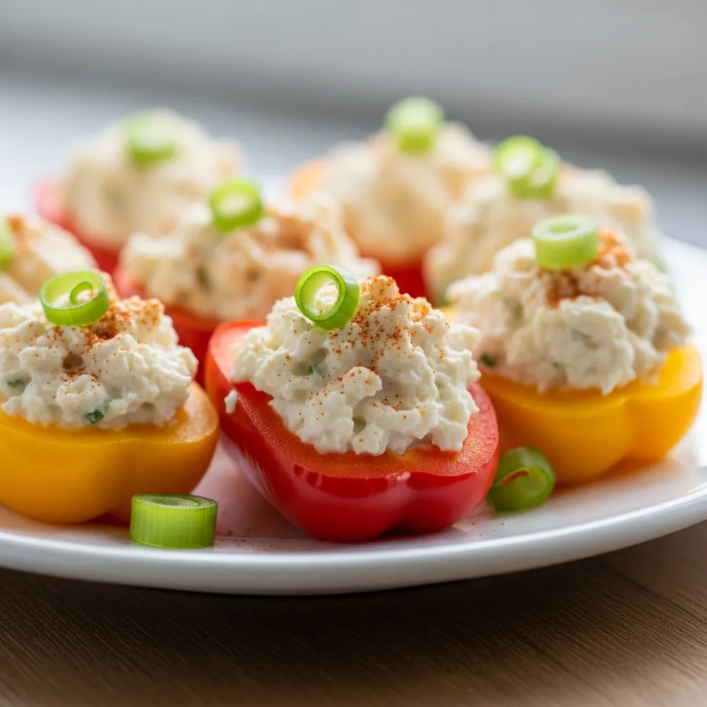 Quick protein snack recipe with cheese stuffed mini peppers for healthy eating.