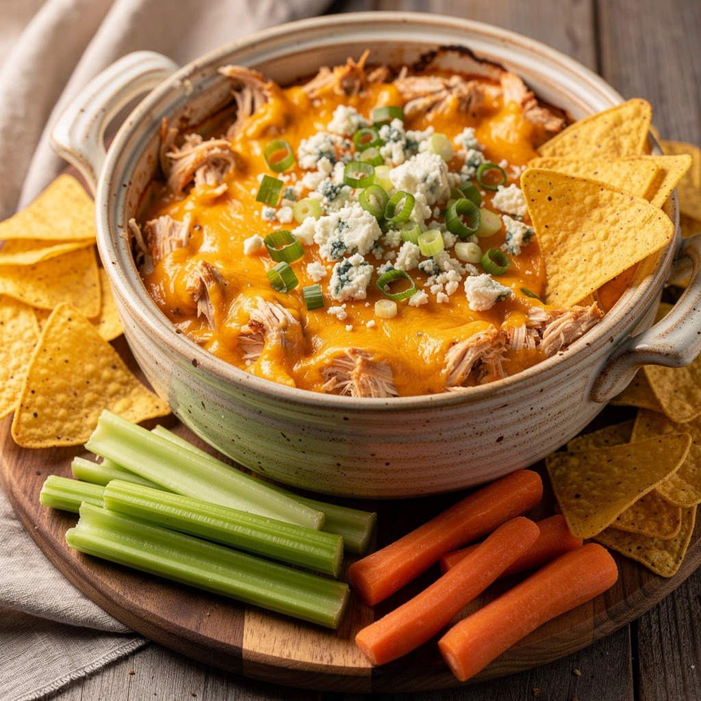 Creamy crock pot buffalo chicken dip with cheese and fresh vegetable dippers.
