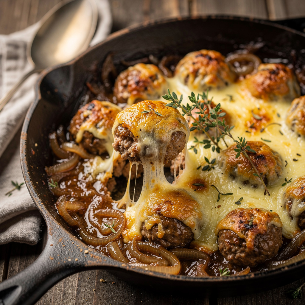 Cheesy French onion meatballs with melted Gruyère in a rustic skillet.