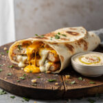Cheesy garlic chicken wraps with melted cheese on a rustic wooden board