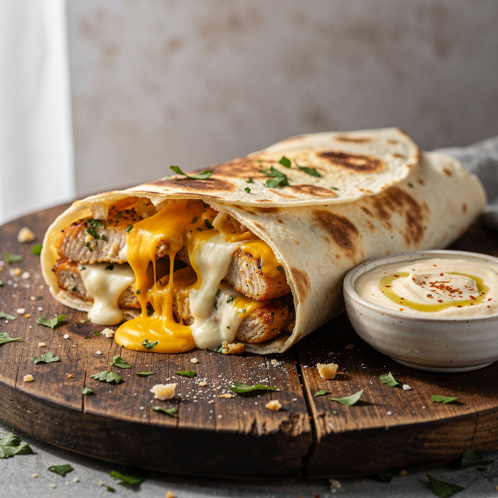 Cheesy garlic chicken wraps with melted cheese on a rustic wooden board