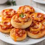Golden brown cheesy pepperoni pizza pinwheels with marinara sauce on rustic board.