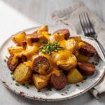 Cheesy ranch potatoes with smoked sausage on a rustic white ceramic plate.