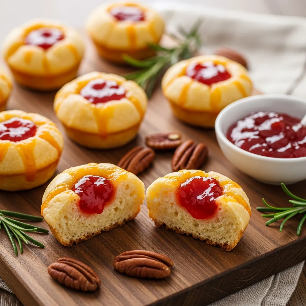 Golden thumbprint appetizers with hot pepper jelly on a rustic board.