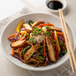 Easy chicken lo mein recipe with noodles, chicken, and colorful vegetables.