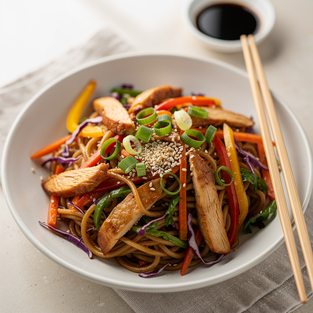 Easy chicken lo mein recipe with noodles, chicken, and colorful vegetables.