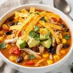 Hearty chicken tortilla soup with shredded chicken, beans, and crispy tortilla strips.