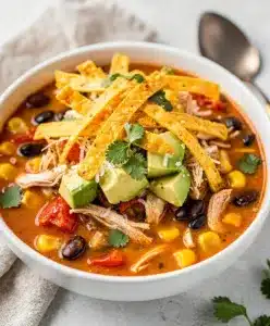 Hearty chicken tortilla soup with shredded chicken, beans, and crispy tortilla strips.