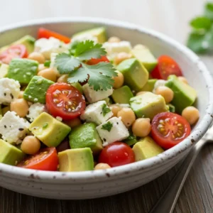 Creamy chickpea feta avocado salad with fresh tomatoes and lemon herb dressing