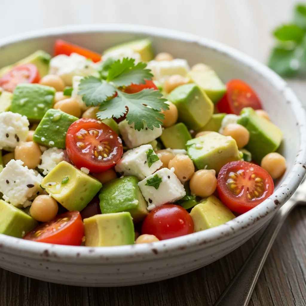 Creamy chickpea feta avocado salad with fresh tomatoes and lemon herb dressing
