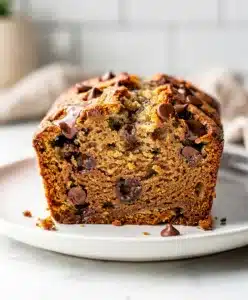 Moist chocolate chip banana bread slice with melty chips on rustic table