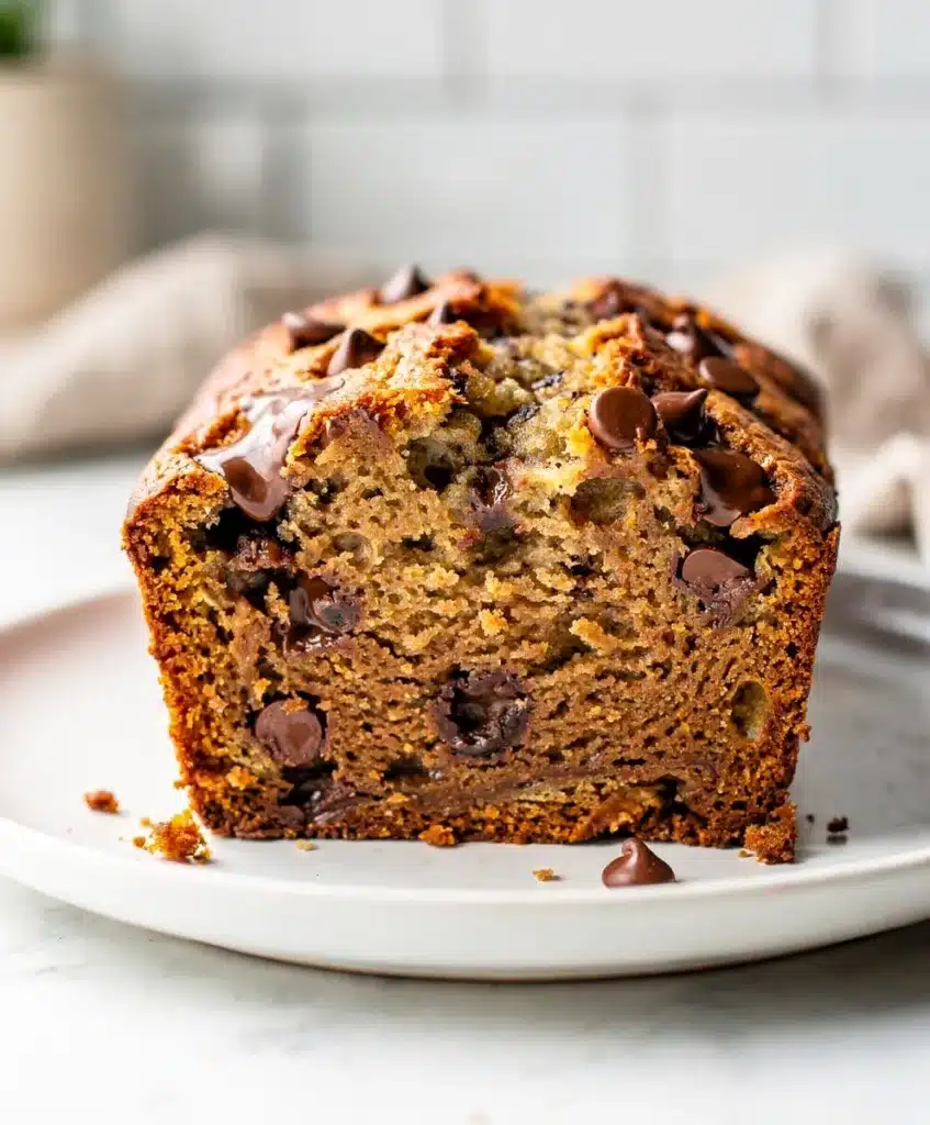 Moist chocolate chip banana bread slice with melty chips on rustic table