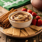Creamy chocolate peanut butter dip with pretzels and strawberries for Super Bowl.