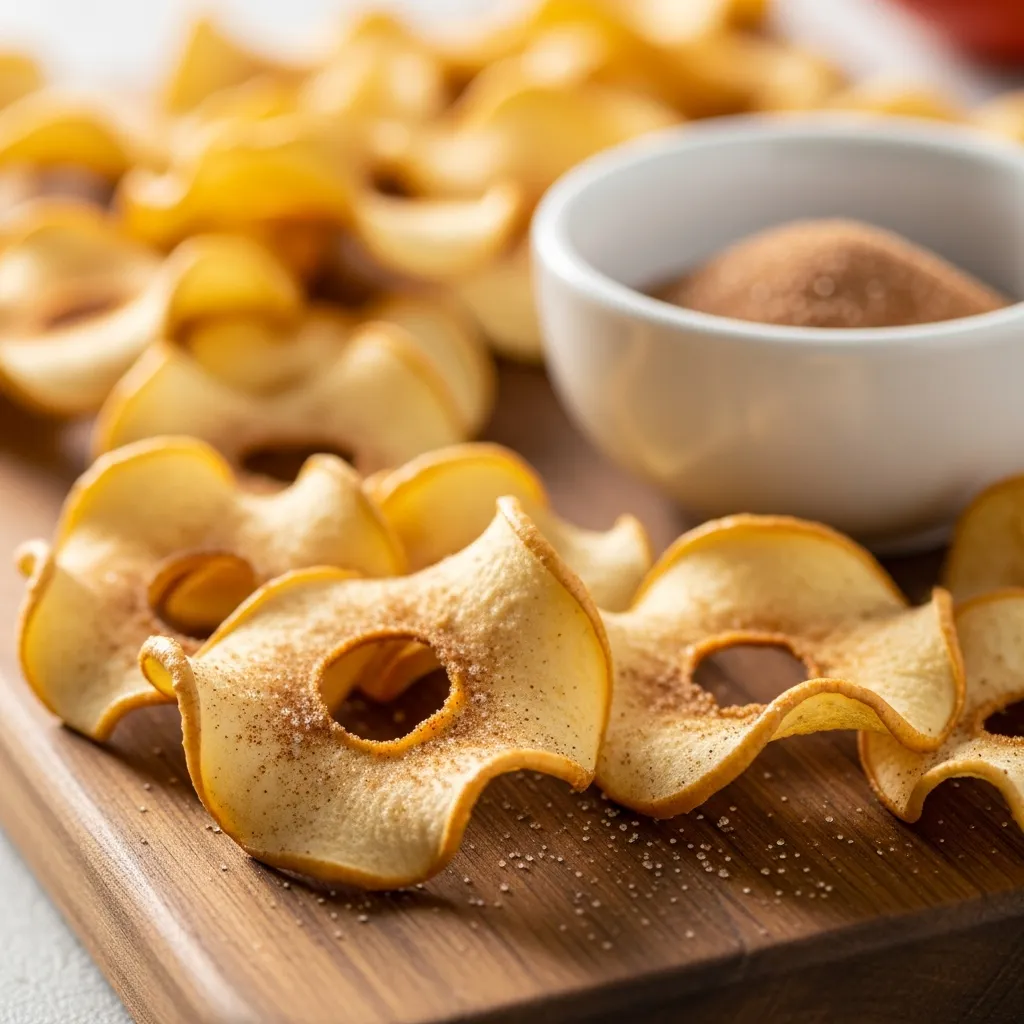Crispy air fryer cinnamon apple chips on a rustic wooden board
