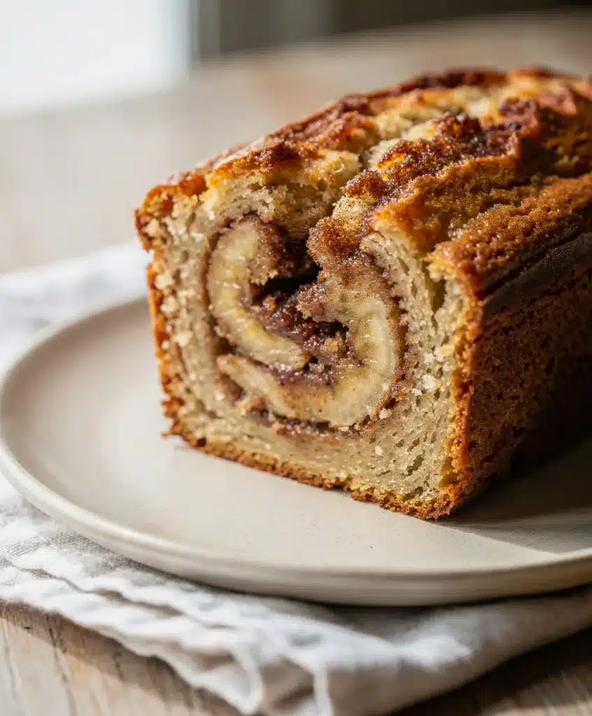 Moist cinnamon swirl banana bread slice with golden crumb and banana garnish.